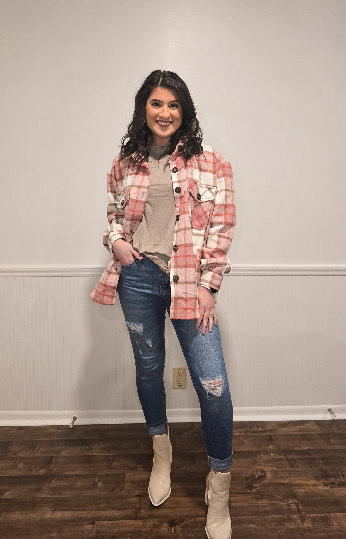 Lucky In Love Plaid Shacket in Pink