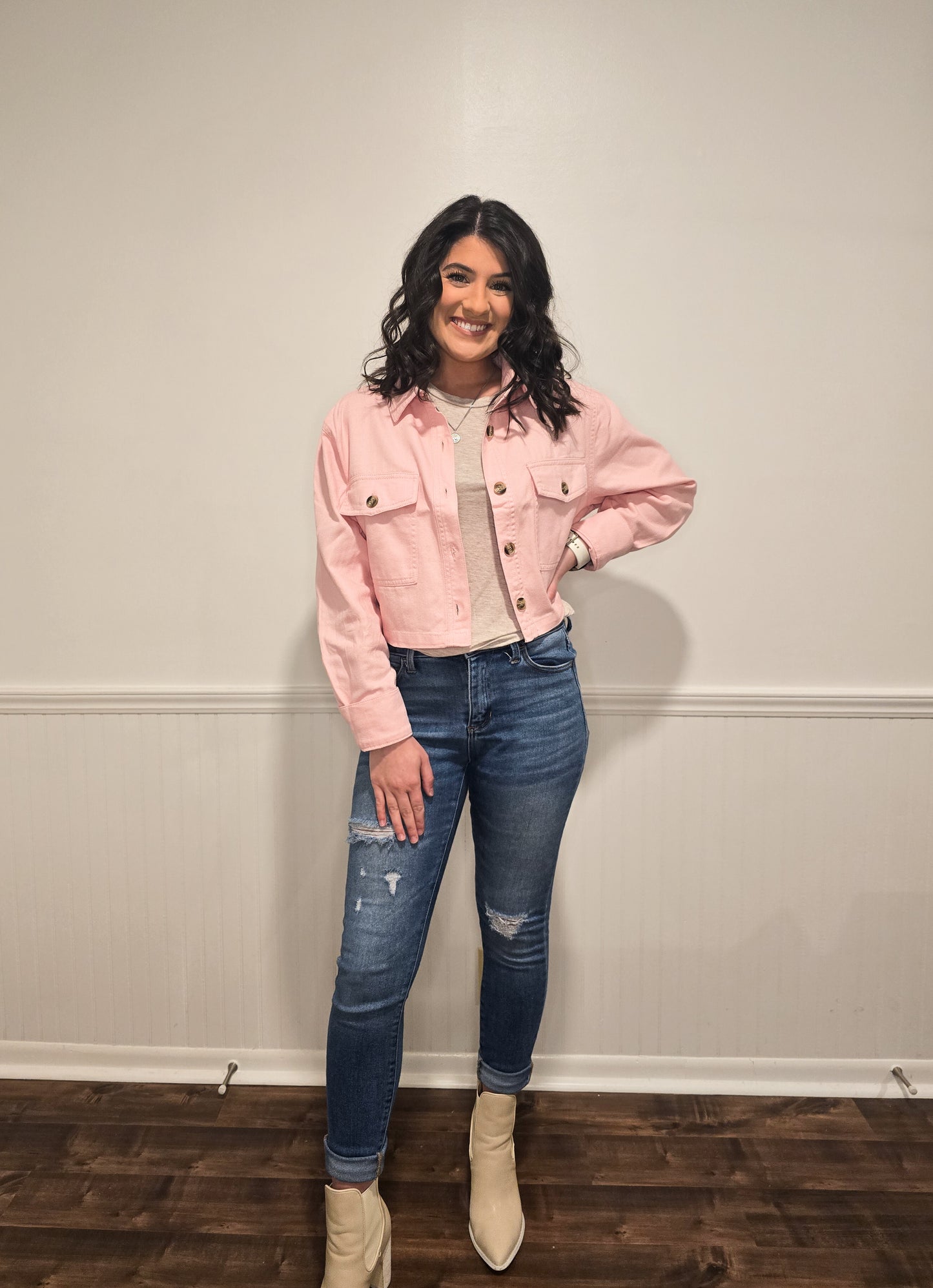 Lost in Love Cropped Shacket in Baby Pink