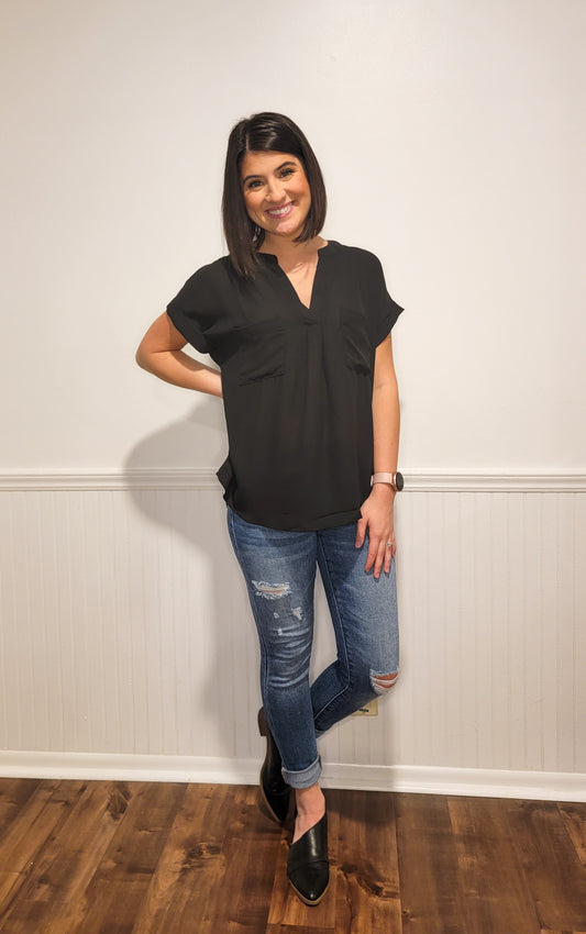 New In Town Split Neck Top in Black