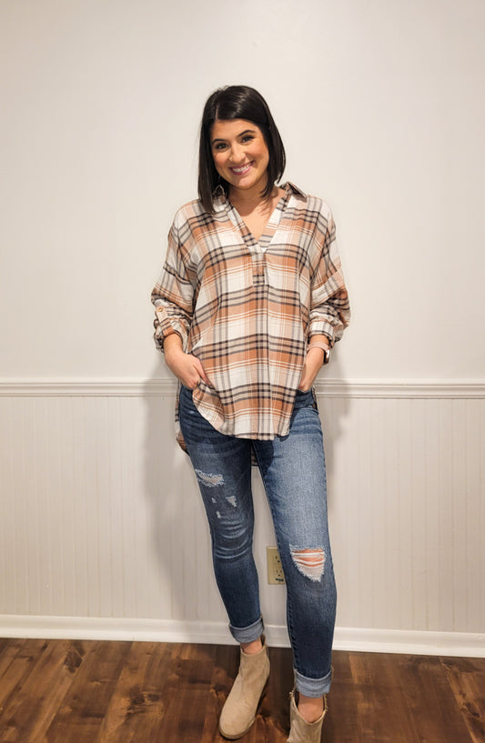 Fill Your Cup Plaid Top in Brown