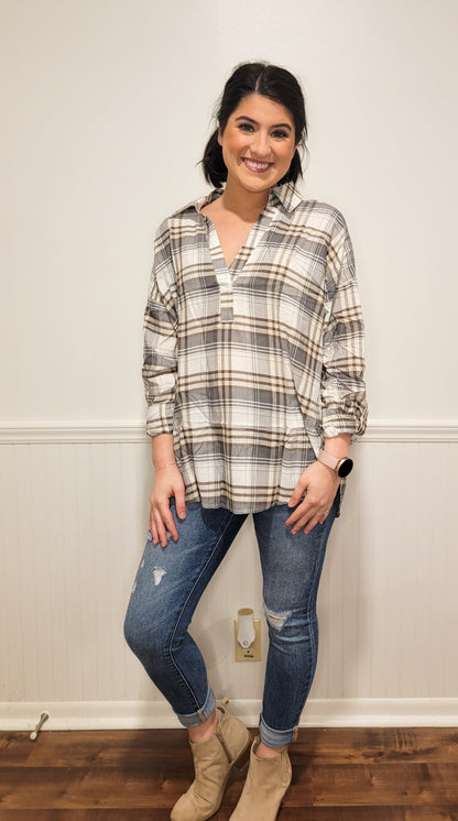 Fill Your Cup Plaid Top in Grey