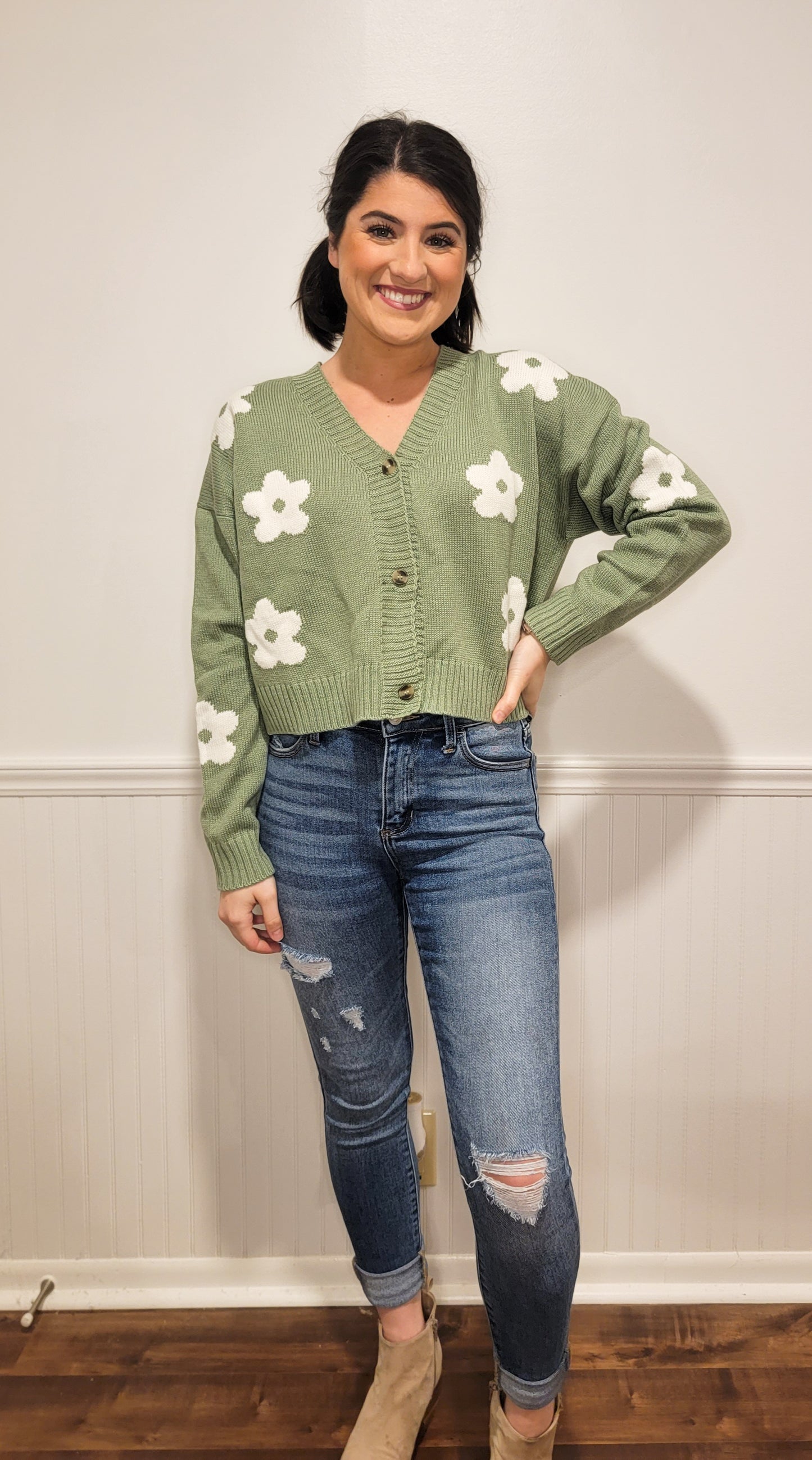 Be A Wildflower Cropped Sweater in Green