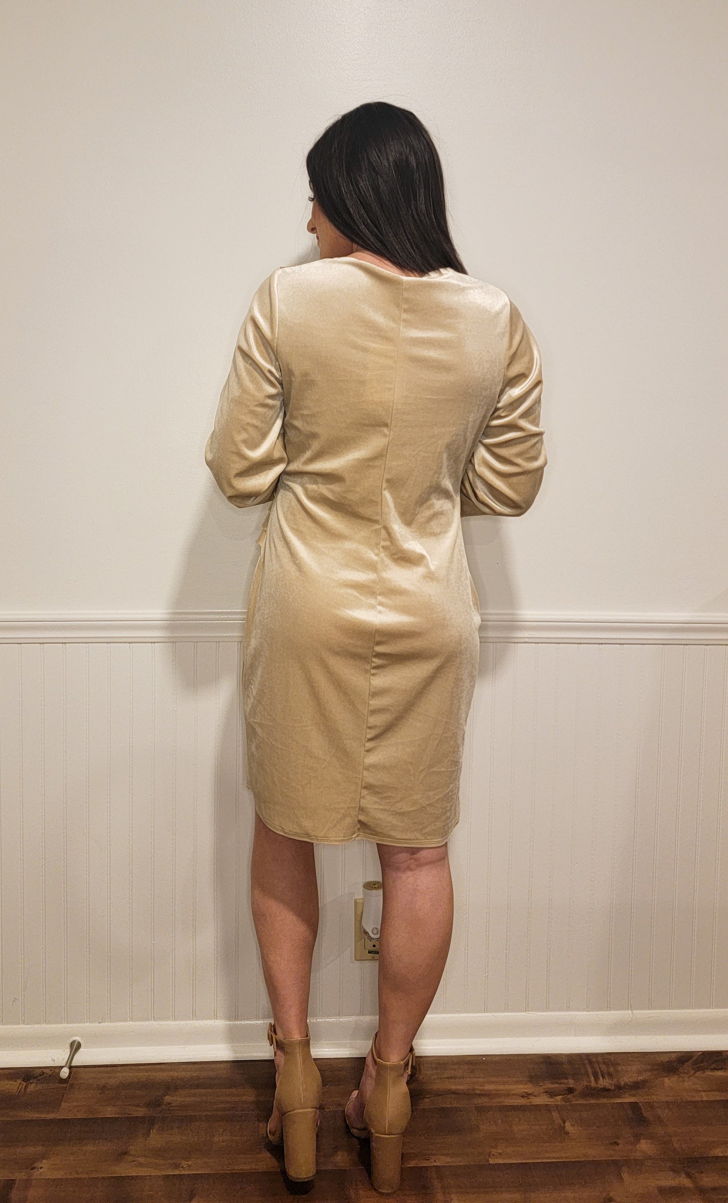 Fashionably Late Velvet Dress in Champagne