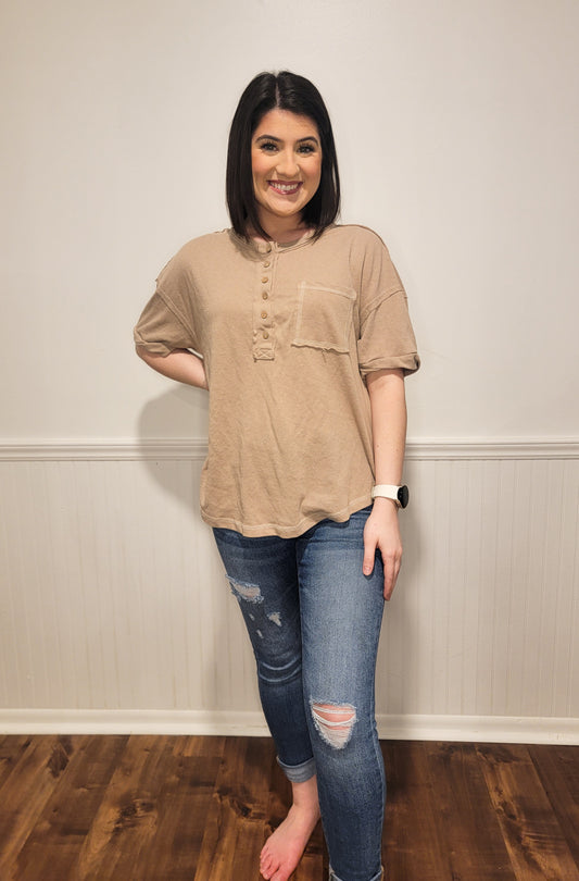 Coffee Run Henley Top in Taupe