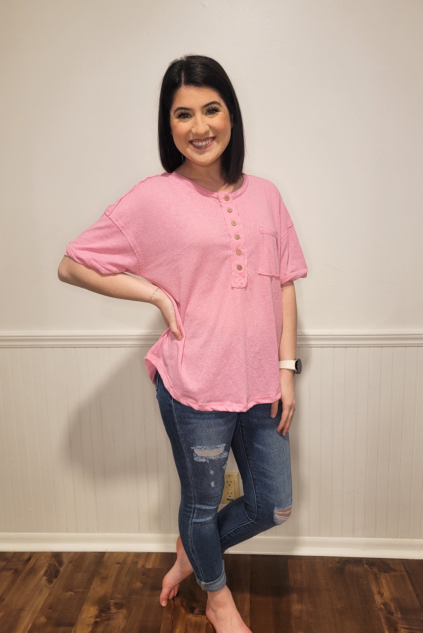 Coffee Run Henley Top in Pink