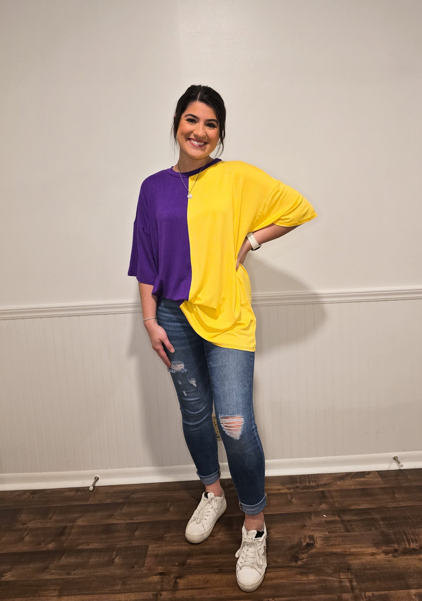 Game Day Split Color Knit Top in Purple & Gold