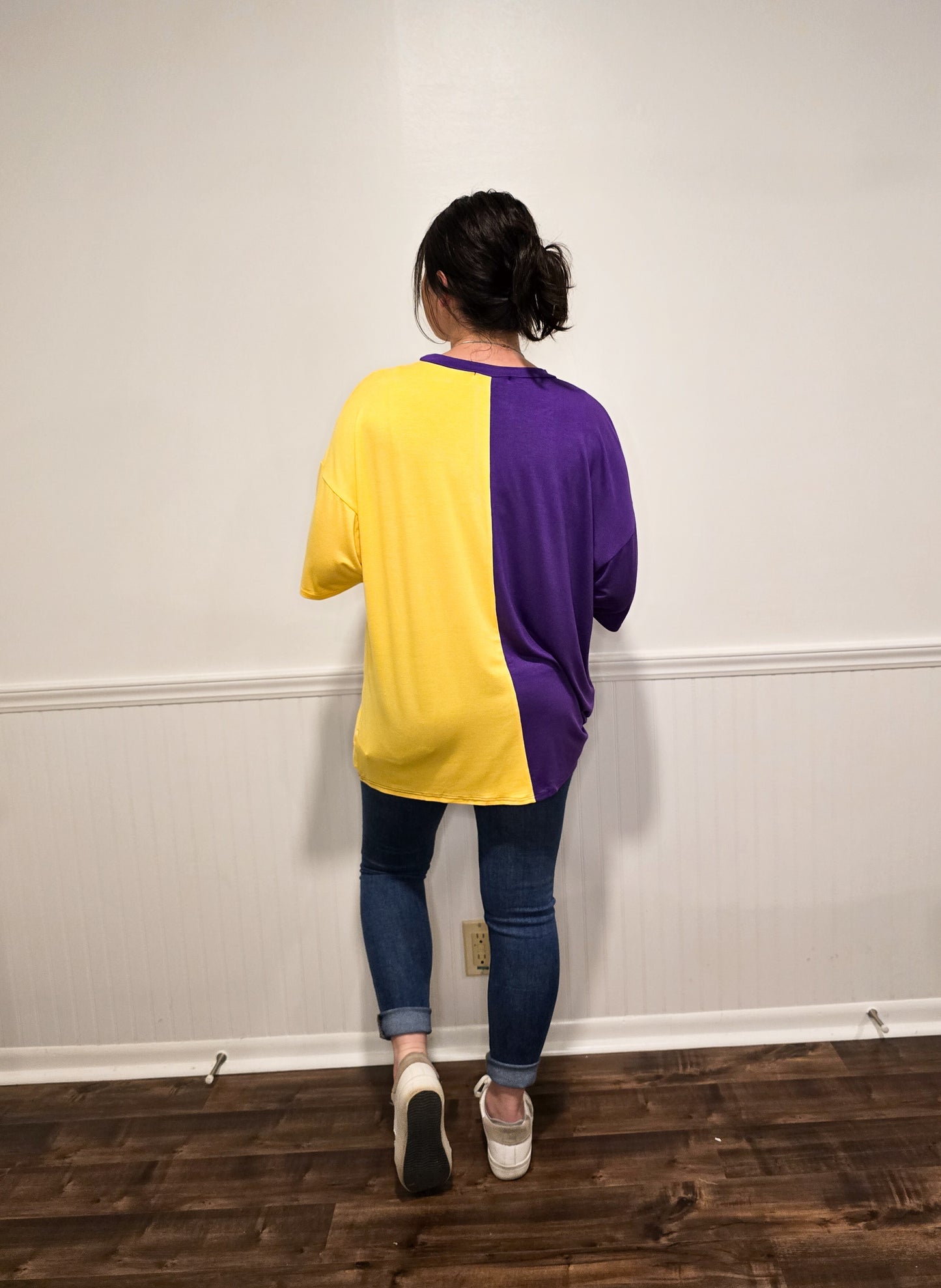 Game Day Split Color Knit Top in Purple & Gold