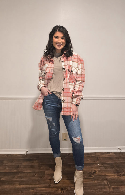 Lucky In Love Plaid Shacket in Pink