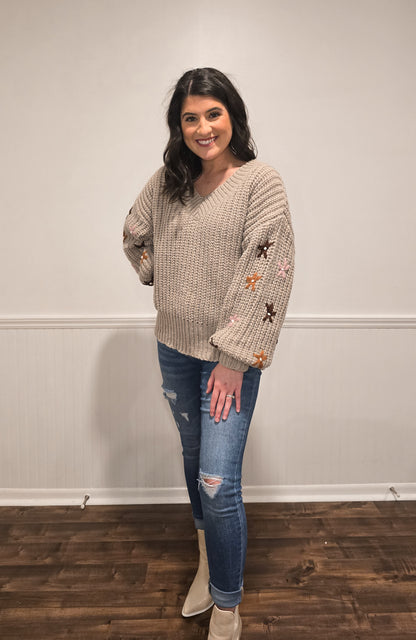 Vineyard Vibes Embroidered Sweater in Taupe