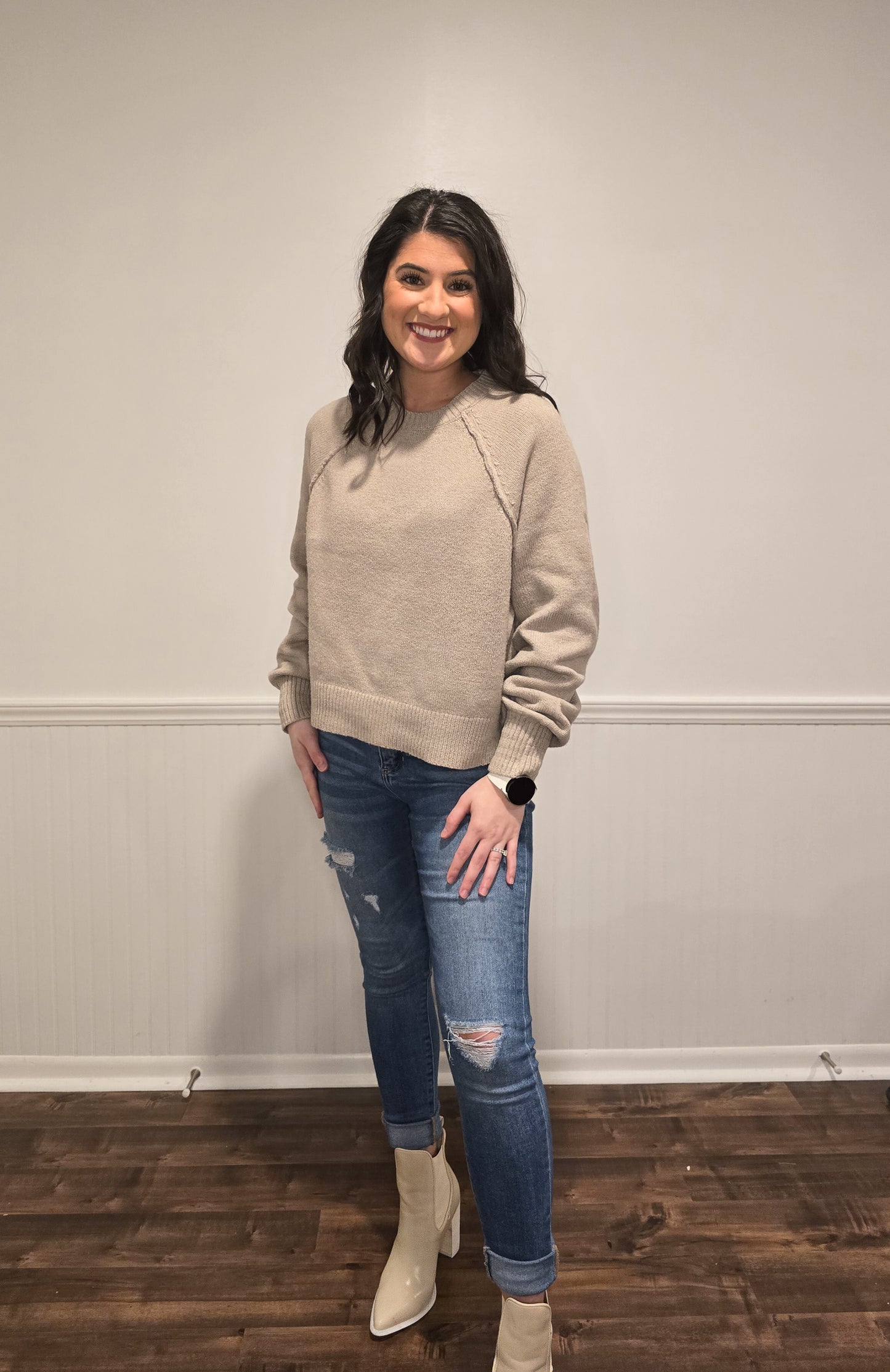 Casual Coffee Run Cropped Sweater in Taupe