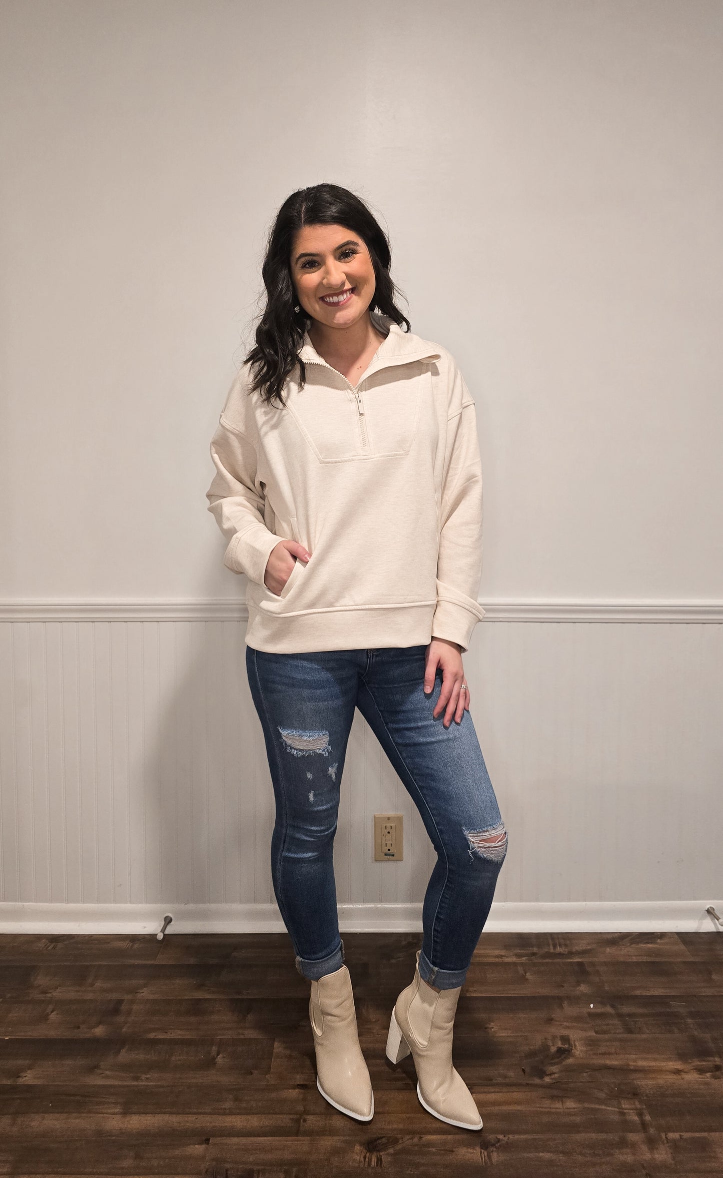 Girl On The Go Scuba Half-Zip Pullover in Cream