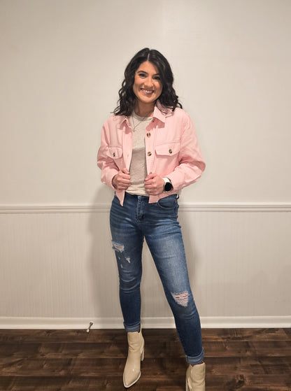 Lost in Love Cropped Shacket in Baby Pink