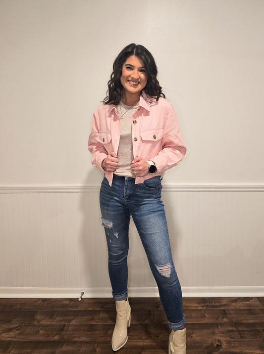 Lost in Love Cropped Shacket in Baby Pink
