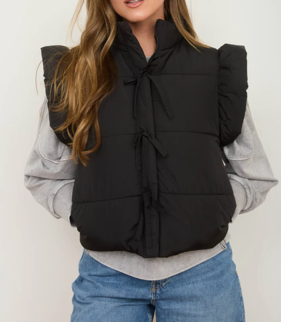 Bows and Kisses Puffer Vest in Black