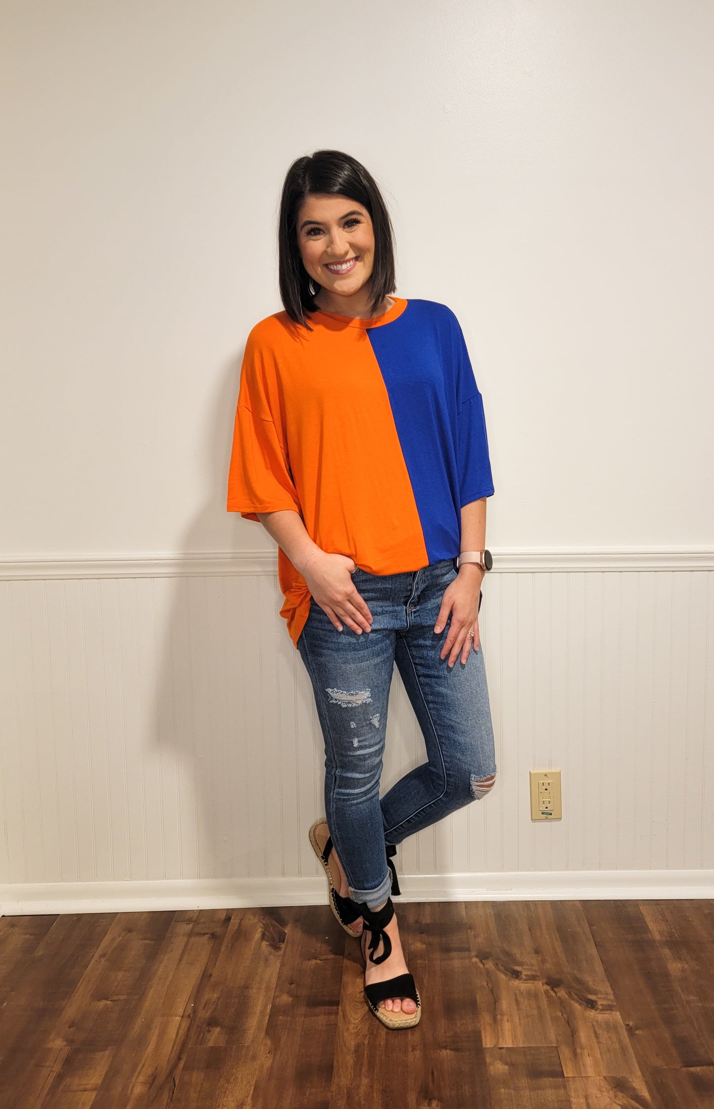 Game Day Split Color Knit Top in Blue & Orange