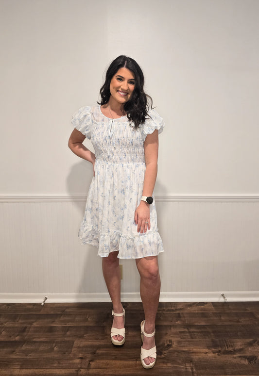 Pop The Bubbly Mini Dress in Blue Floral