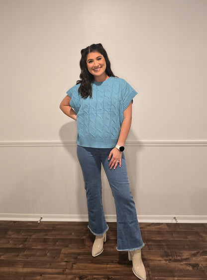 Cabin Vibes Cable Knit Sweater Top in Sky Blue