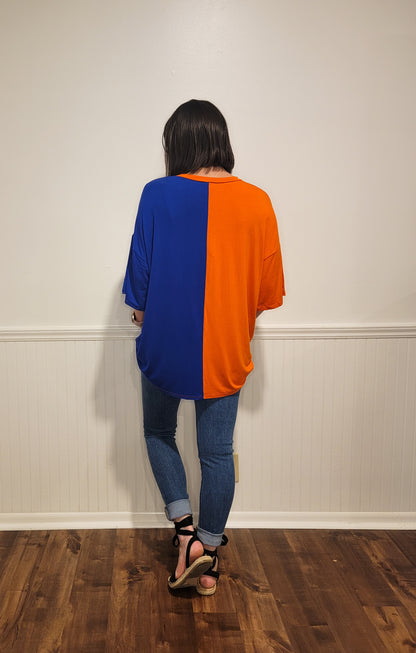 Game Day Split Color Knit Top in Blue & Orange