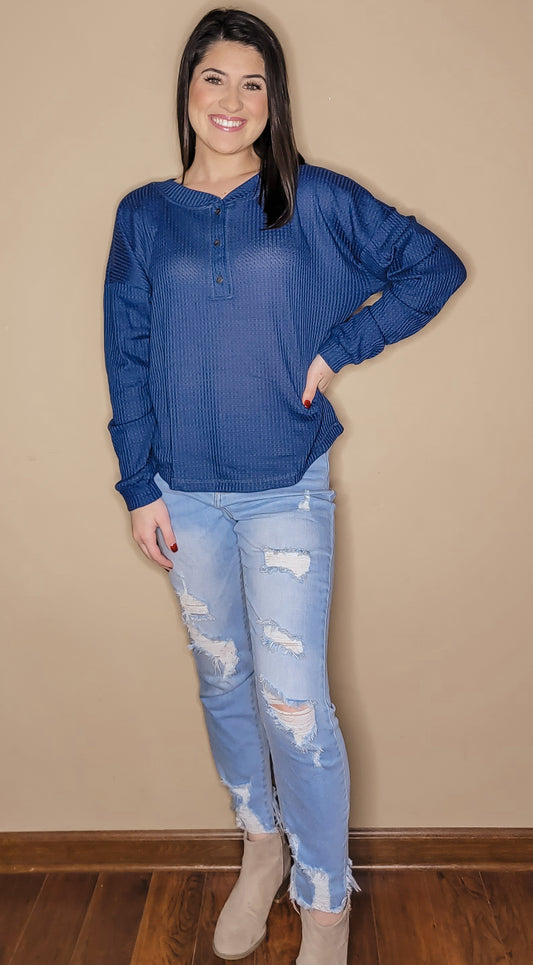 Simple Solutions Waffle Knit Top in Navy Blue