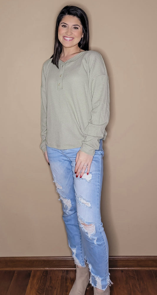 Simple Solutions Waffle Knit Top in Olive